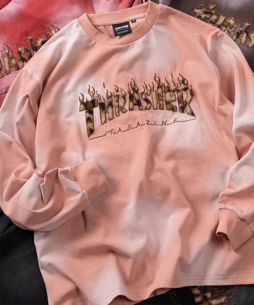 THRASHER(スラッシャー)の「【70】【THRASHER/スラッシャー】レオパードロゴ ファーアップリケ フェード加工 ロングスリーブTシャツ/ショート丈有り(Tシャツ/カットソー・メンズ・ピンク/ブラック/レッド/ブラウン・FREE/M/L)」の1枚目の写真