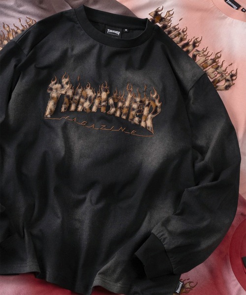 THRASHER(スラッシャー)の「【70】【THRASHER/スラッシャー】レオパードロゴ ファーアップリケ フェード加工 ロングスリーブTシャツ/ショート丈有り(Tシャツ/カットソー・メンズ・ピンク/ブラック/レッド/ブラウン・FREE/M/L)」の2枚目の写真