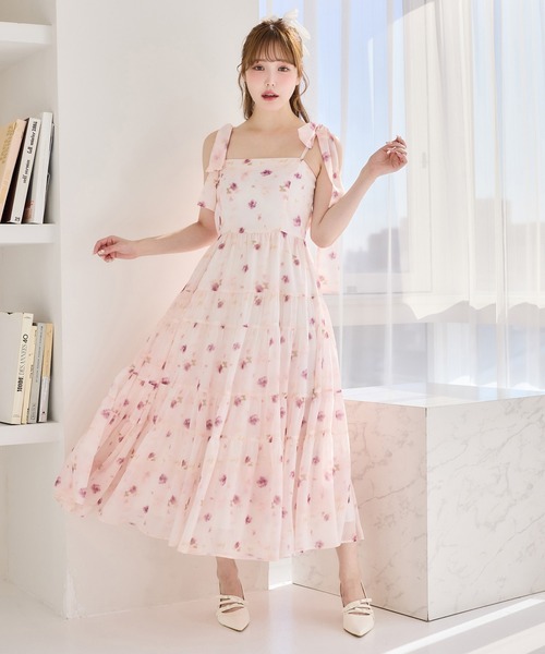 セール】ショートカーディガン＋肩リボンティアードロングワンピース