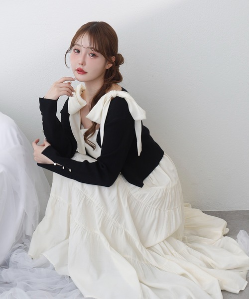 one after another NICE CLAUP(ワンアフターアナザーナイスクラップ)の「ショートカーディガン+肩リボンティアードロングワンピース(ワンピース・レディース・ホワイト系その他/ピンク系その他/ホワイト×ブラック/ドット・FREE)」の16枚目の写真