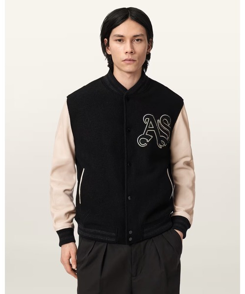 ALLSAINTS(オールセインツ)の「HOLLOWAY BOMBER JACKET | HOLLOWAY ボンバー ジャケット(スタジャン・メンズ・ブラック×ホワイト・XS/S/M/L/XL)」の1枚目の写真