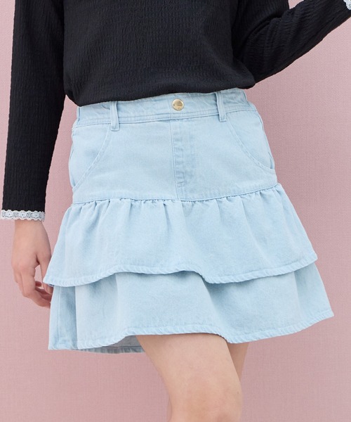 Amourire girl（アムリールガール）の「デニムフリルスカート（スカート・キッズ・サックスブルー/ピンク・160cm/150cm/140cm/130cm）」の2枚目の写真