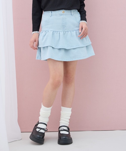 Amourire girl（アムリールガール）の「デニムフリルスカート（スカート・キッズ・サックスブルー/ピンク・160cm/150cm/140cm/130cm）」の3枚目の写真