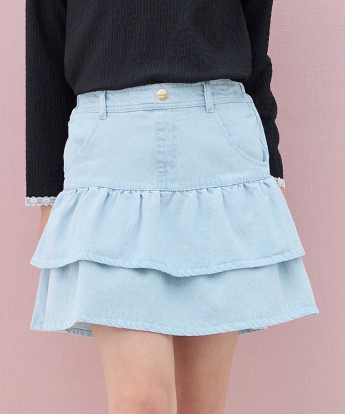 Amourire girl（アムリールガール）の「デニムフリルスカート（スカート・キッズ・サックスブルー/ピンク・160cm/150cm/140cm/130cm）」の4枚目の写真