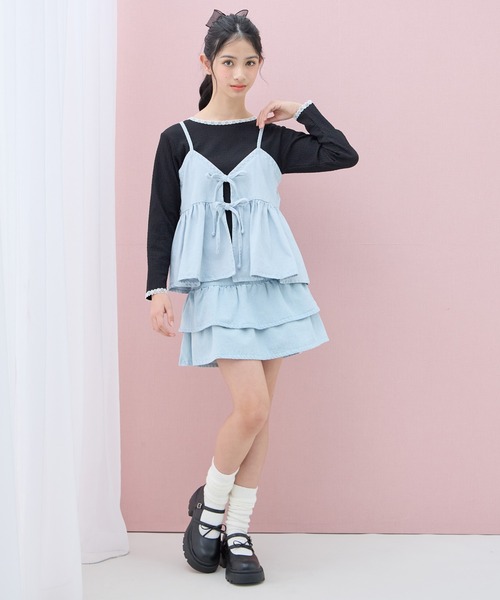 Amourire girl（アムリールガール）の「デニムフリルスカート（スカート・キッズ・サックスブルー/ピンク・160cm/150cm/140cm/130cm）」の6枚目の写真