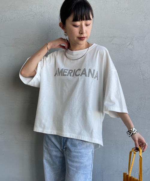 AMERICANA（アメリカーナ）の「【WEB先行予約】[Americana/アメリカーナ] 別注 AMERICANA ショート丈 プリントTシャツ（Tシャツ/カットソー・レディース・ホワイト/ブルー/ネイビー・ONE SIZE）」の8枚目の写真