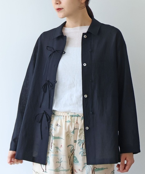 yuni（ユニ　）の「sheer summer Wool-Polyester Voil ribon シャツ（シャツ/ブラウス・レディース・グリーン/ブラック・FREE）」の2枚目の写真