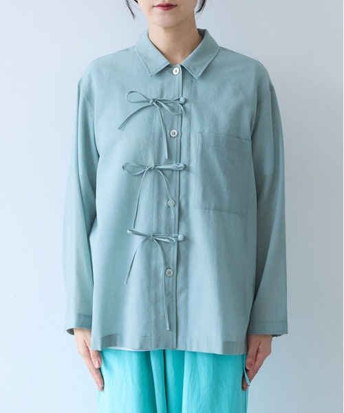 yuni（ユニ　）の「sheer summer Wool-Polyester Voil ribon シャツ（シャツ/ブラウス・レディース・グリーン/ブラック・FREE）」の12枚目の写真