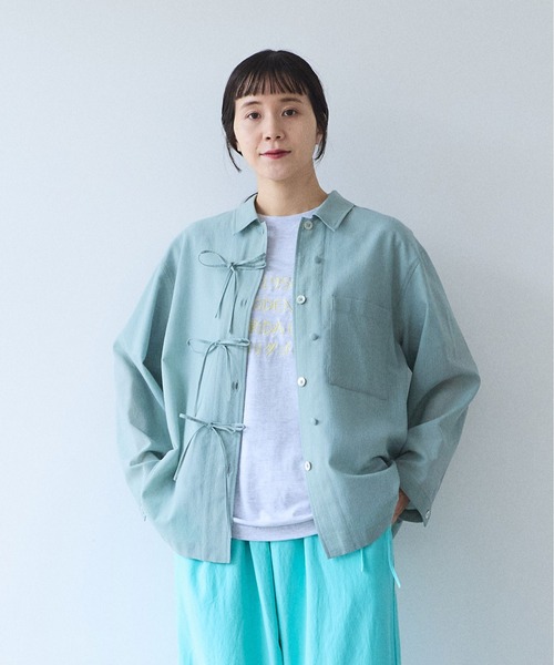 yuni（ユニ　）の「sheer summer Wool-Polyester Voil ribon シャツ（シャツ/ブラウス・レディース・グリーン/ブラック・FREE）」の8枚目の写真