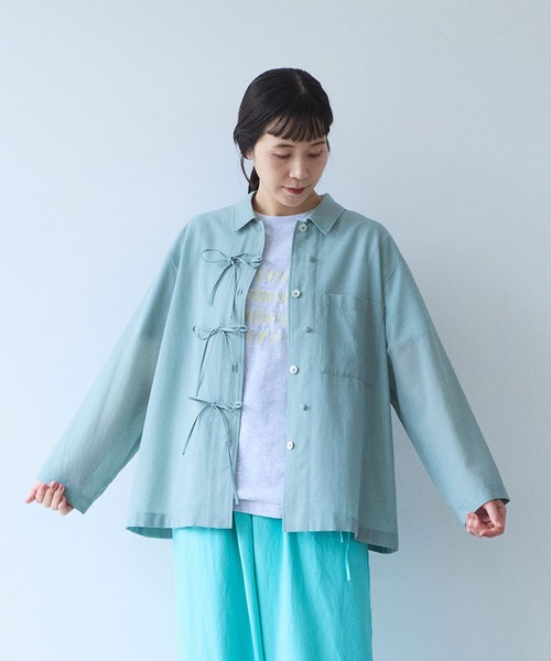 yuni（ユニ　）の「sheer summer Wool-Polyester Voil ribon シャツ（シャツ/ブラウス・レディース・グリーン/ブラック・FREE）」の9枚目の写真