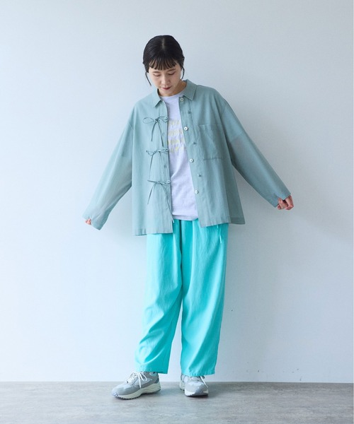 yuni（ユニ　）の「sheer summer Wool-Polyester Voil ribon シャツ（シャツ/ブラウス・レディース・グリーン/ブラック・FREE）」の4枚目の写真