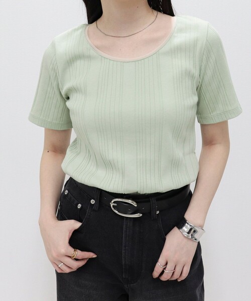 fredy emue(フレディエミュ)の「ランダムテレコ5分袖Tシャツ(Tシャツ/カットソー・レディース・ライトグリーン/ブラウン/ブラック/グレイッシュベージュ/オフホワイト・38)」の5枚目の写真