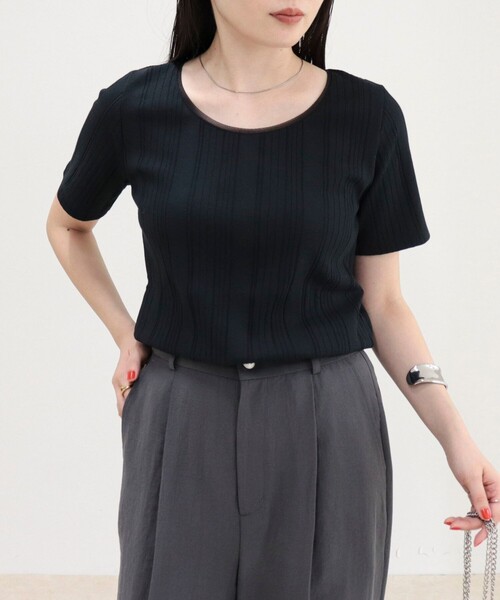 fredy emue(フレディエミュ)の「ランダムテレコ5分袖Tシャツ(Tシャツ/カットソー・レディース・ライトグリーン/ブラウン/ブラック/グレイッシュベージュ/オフホワイト・38)」の2枚目の写真