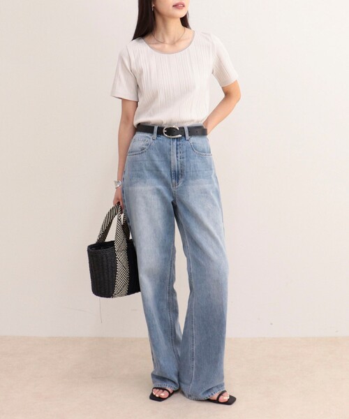 fredy emue(フレディエミュ)の「ランダムテレコ5分袖Tシャツ(Tシャツ/カットソー・レディース・ライトグリーン/ブラウン/ブラック/グレイッシュベージュ/オフホワイト・38)」の6枚目の写真