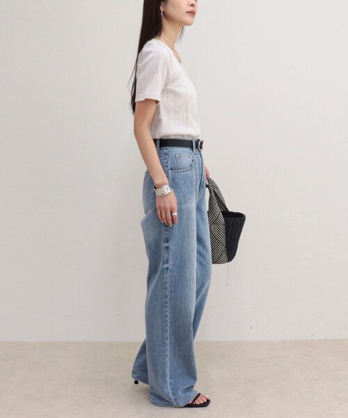 fredy emue(フレディエミュ)の「ランダムテレコ5分袖Tシャツ(Tシャツ/カットソー・レディース・ライトグリーン/ブラウン/ブラック/グレイッシュベージュ/オフホワイト・38)」の7枚目の写真