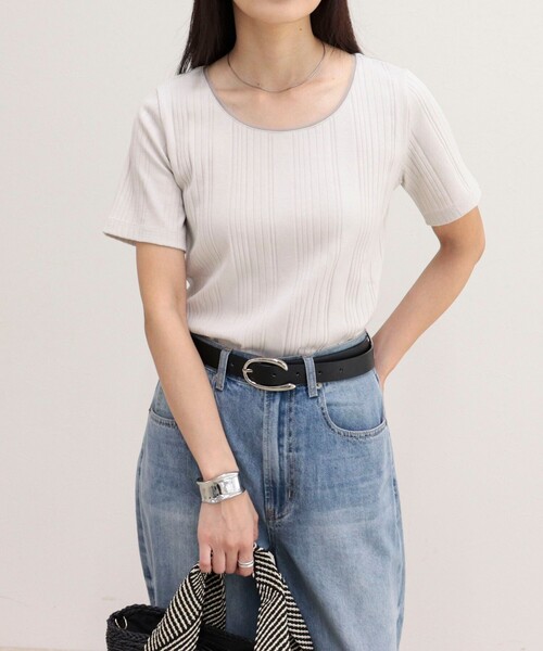 fredy emue(フレディエミュ)の「ランダムテレコ5分袖Tシャツ(Tシャツ/カットソー・レディース・ライトグリーン/ブラウン/ブラック/グレイッシュベージュ/オフホワイト・38)」の11枚目の写真