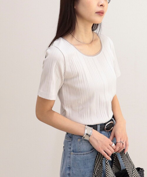 fredy emue(フレディエミュ)の「ランダムテレコ5分袖Tシャツ(Tシャツ/カットソー・レディース・ライトグリーン/ブラウン/ブラック/グレイッシュベージュ/オフホワイト・38)」の12枚目の写真