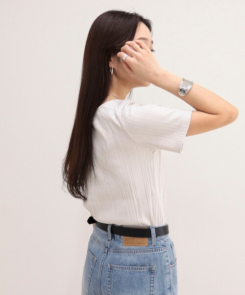 fredy emue(フレディエミュ)の「ランダムテレコ5分袖Tシャツ(Tシャツ/カットソー・レディース・ライトグリーン/ブラウン/ブラック/グレイッシュベージュ/オフホワイト・38)」の13枚目の写真