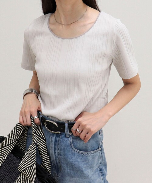 fredy emue(フレディエミュ)の「ランダムテレコ5分袖Tシャツ(Tシャツ/カットソー・レディース・ライトグリーン/ブラウン/ブラック/グレイッシュベージュ/オフホワイト・38)」の14枚目の写真