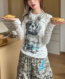 水玉 子犬プリント スリムフィット クルーネック 長袖 T シャツ レディース 春新作トップス