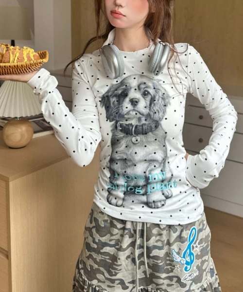 MAISON DE THERESE(メゾン ド テレーズ)の「水玉 子犬プリント スリムフィット クルーネック 長袖 T シャツ レディース 春新作トップス(Tシャツ/カットソー・レディース・グレー/ホワイト・M)」の8枚目の写真