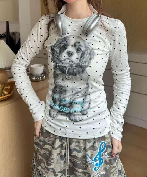 MAISON DE THERESE(メゾン ド テレーズ)の「水玉 子犬プリント スリムフィット クルーネック 長袖 T シャツ レディース 春新作トップス(Tシャツ/カットソー・レディース・グレー/ホワイト・M)」の9枚目の写真