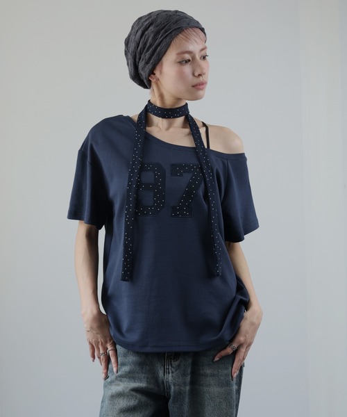 Ulysses(ユリシス)の「タイ付き ワンショルロゴTシャツ(Tシャツ/カットソー・レディース・ホワイト/グレー/ネイビー/ブラック・F)」の4枚目の写真