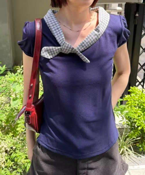 mebole（メボレ）の「Check Scarf Neck Top（Tシャツ/カットソー・レディース・ネイビー/ホワイト・FREE）」の2枚目の写真