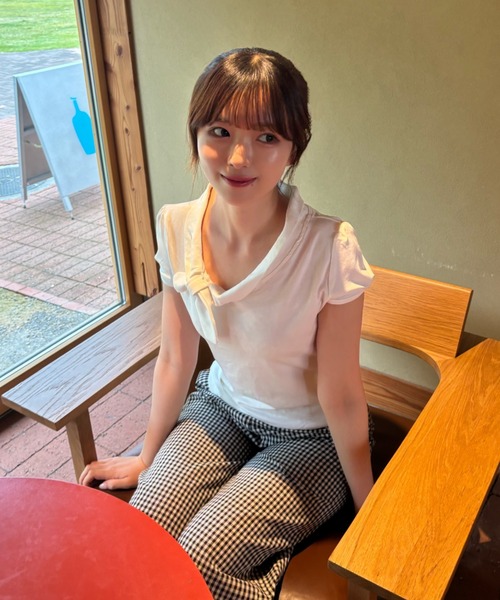 mebole（メボレ）の「Check Scarf Neck Top（Tシャツ/カットソー・レディース・ネイビー/ホワイト・FREE）」の4枚目の写真
