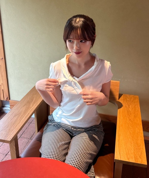 mebole（メボレ）の「Check Scarf Neck Top（Tシャツ/カットソー・レディース・ネイビー/ホワイト・FREE）」の5枚目の写真