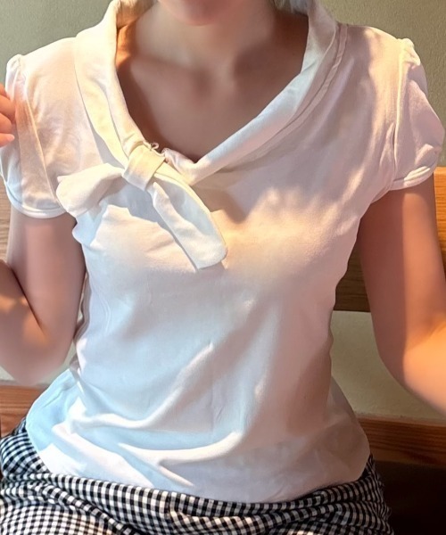 mebole（メボレ）の「Check Scarf Neck Top（Tシャツ/カットソー・レディース・ネイビー/ホワイト・FREE）」の3枚目の写真