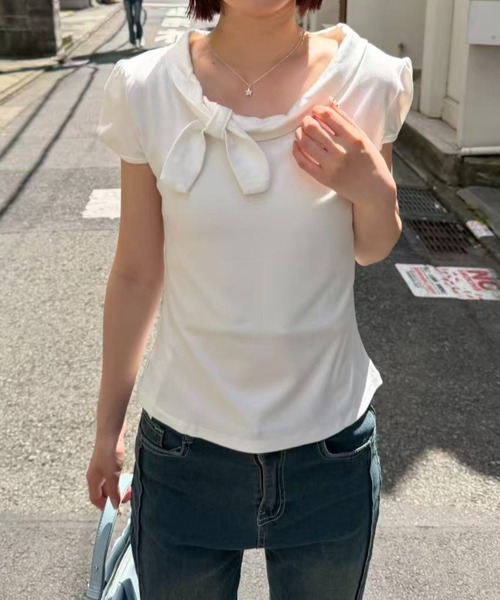 mebole（メボレ）の「Check Scarf Neck Top（Tシャツ/カットソー・レディース・ネイビー/ホワイト・FREE）」の14枚目の写真