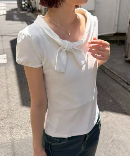 mebole（メボレ）の「Check Scarf Neck Top（Tシャツ/カットソー・レディース・ネイビー/ホワイト・FREE）」の15枚目の写真