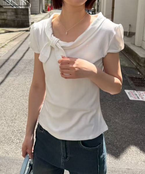 mebole（メボレ）の「Check Scarf Neck Top（Tシャツ/カットソー・レディース・ネイビー/ホワイト・FREE）」の18枚目の写真