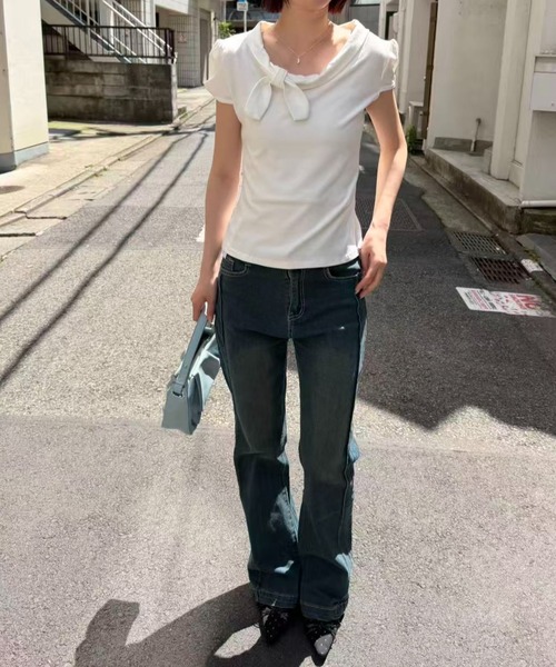 mebole（メボレ）の「Check Scarf Neck Top（Tシャツ/カットソー・レディース・ネイビー/ホワイト・FREE）」の21枚目の写真