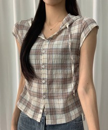 サイドシャーリングフード付き半袖チェックシャツ