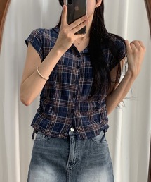 サイドシャーリングフード付き半袖チェックシャツ