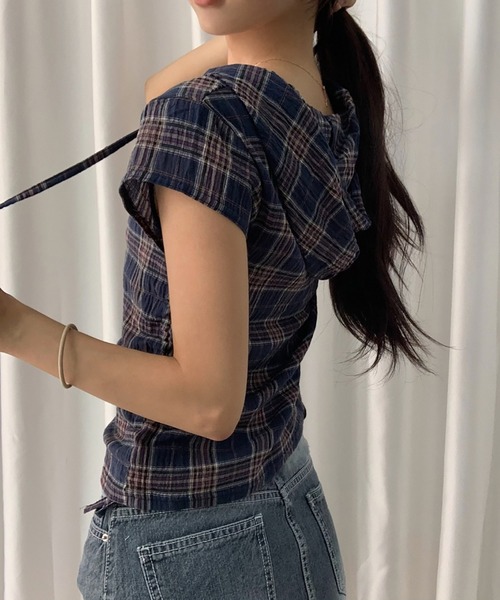 Girly Doll(ガーリードール)の「サイドシャーリングフード付き半袖チェックシャツ(シャツ/ブラウス・レディース・グリーン/ネイビー/ベージュ・FREE)」の14枚目の写真