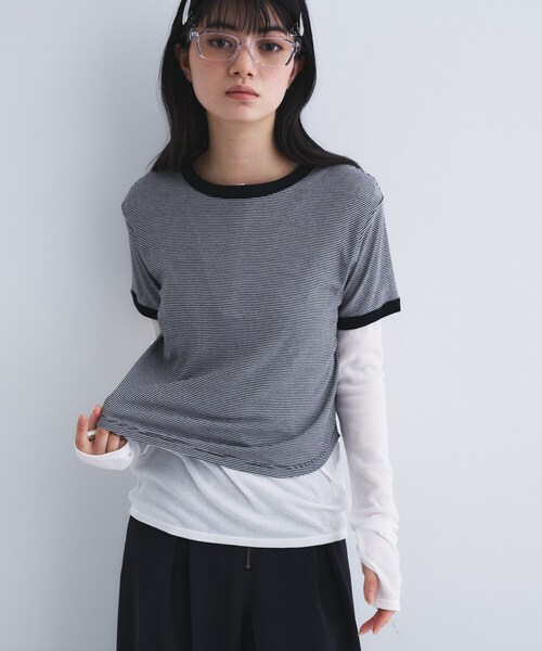 CODE A(コードエー)の「sheer ringer tee(Tシャツ/カットソー・レディース・ライトイエロー系/チャコールグレー/ブラック系2・00)」の2枚目の写真