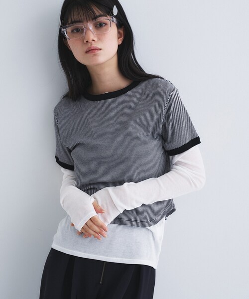 CODE A(コードエー)の「sheer ringer tee(Tシャツ/カットソー・レディース・ライトイエロー系/チャコールグレー/ブラック系2・00)」の4枚目の写真
