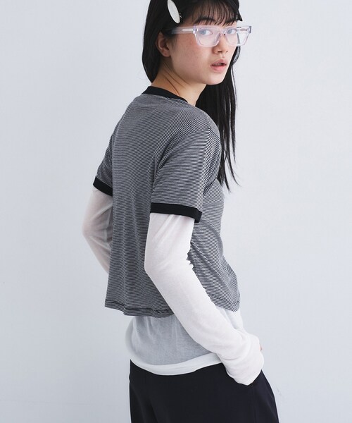 CODE A(コードエー)の「sheer ringer tee(Tシャツ/カットソー・レディース・ライトイエロー系/チャコールグレー/ブラック系2・00)」の6枚目の写真