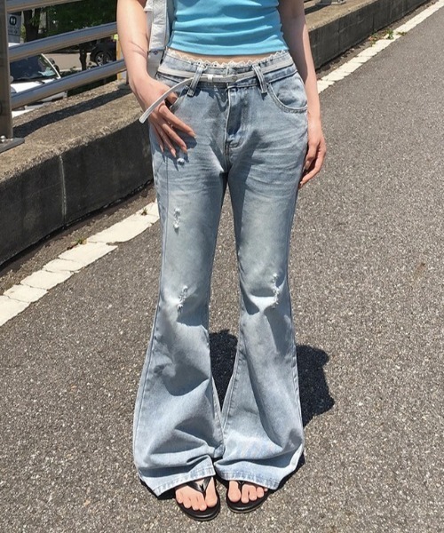 セール】ウエストレースウォッシングダメージブーツカットデニムパンツ 