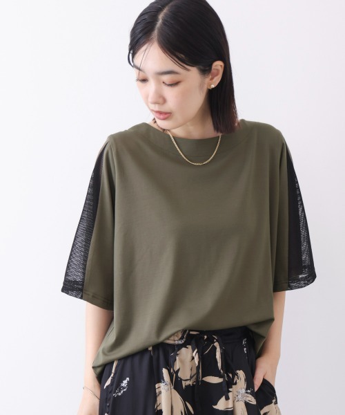 Bou Jeloud（ブージュルード）の「メッシュ切替カットソー（Tシャツ/カットソー・レディース・カーキ/オフホワイト/ブラック・FREE）」の3枚目の写真