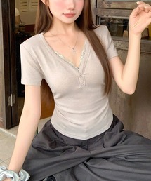 バックレースデザイン Vネックリブカットソー