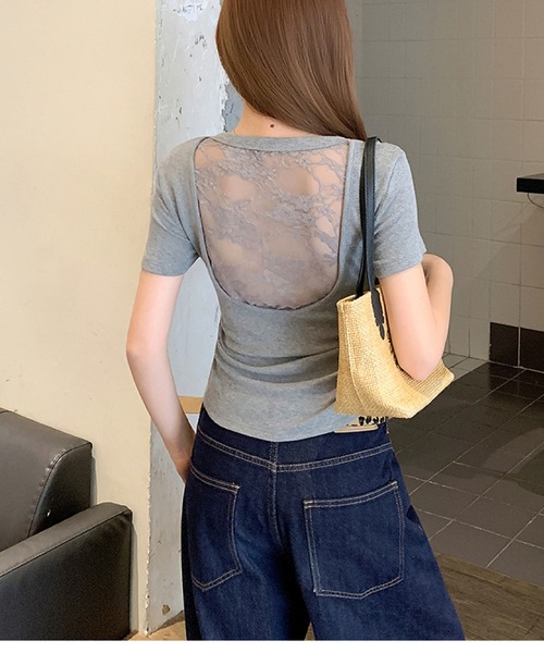 2ly2（トゥーリートゥー）の「バックレースデザイン Vネックリブカットソー（Tシャツ/カットソー・レディース・ブラック/グレー/ベージュ/ホワイト・FREE）」の11枚目の写真