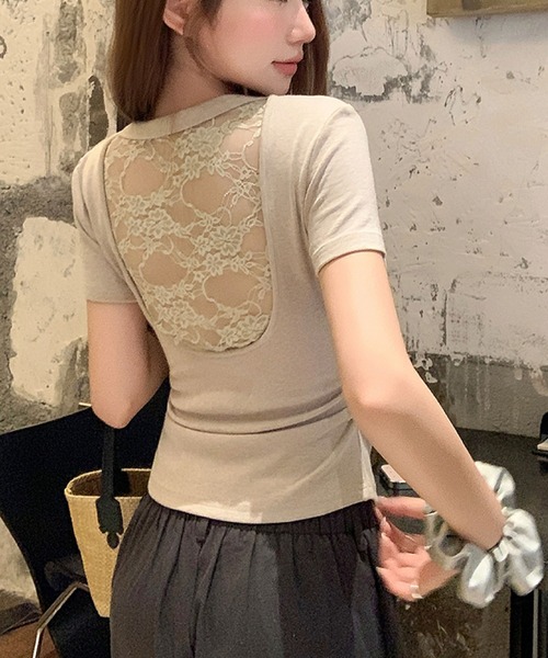2ly2（トゥーリートゥー）の「バックレースデザイン Vネックリブカットソー（Tシャツ/カットソー・レディース・ブラック/グレー/ベージュ/ホワイト・FREE）」の15枚目の写真