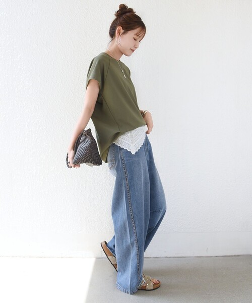 SHIPS(シップス)の「〈接触冷感/UVカット/吸水速乾〉ジョーゼット サイド タック フォルム スリーブ プルオーバー(Tシャツ/カットソー・レディース・オフホワイト/ネイビー/ライトオリーブ・ONE SIZE)」の12枚目の写真