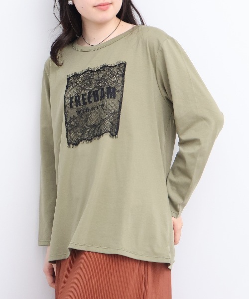 leswel(レスウェル)の「【M~5L】レースロゴロンT(Tシャツ/カットソー・レディース・カーキ/ライトグレー/チャコールグレー・M/L/LL/3L/4L/5L)」の3枚目の写真