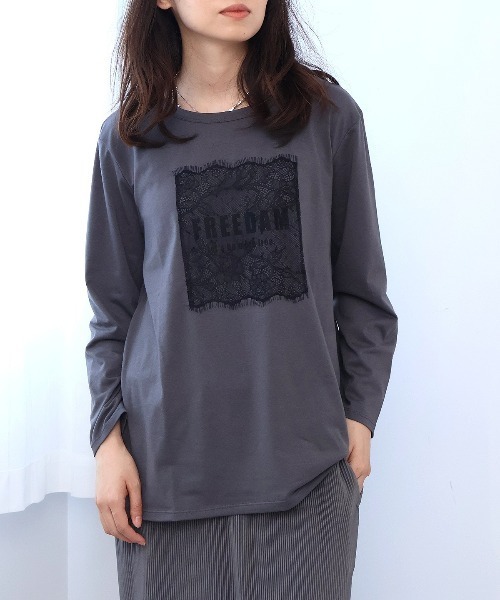 leswel(レスウェル)の「【M~5L】レースロゴロンT(Tシャツ/カットソー・レディース・カーキ/ライトグレー/チャコールグレー・M/L/LL/3L/4L/5L)」の7枚目の写真