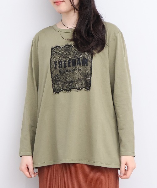 leswel(レスウェル)の「【M~5L】レースロゴロンT(Tシャツ/カットソー・レディース・カーキ/ライトグレー/チャコールグレー・M/L/LL/3L/4L/5L)」の4枚目の写真